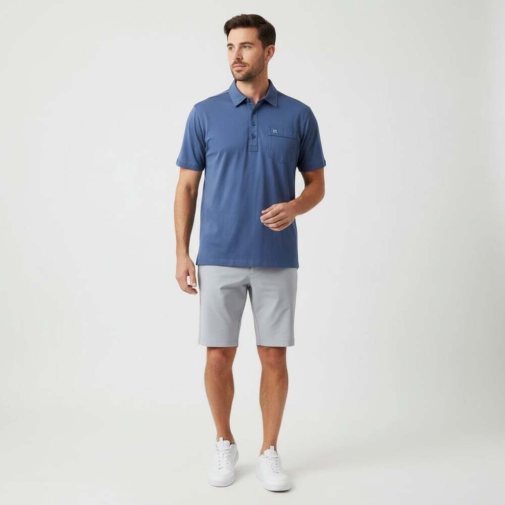 TravisMathew Men's L Steel Blue SS Golf Polo Shirt Pima Cotton Chest Pocket